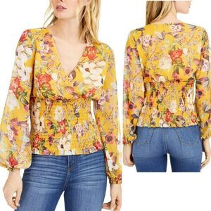 INC International Concepts Yellow Floral Metallic Smocked Blouse Plussize 0X